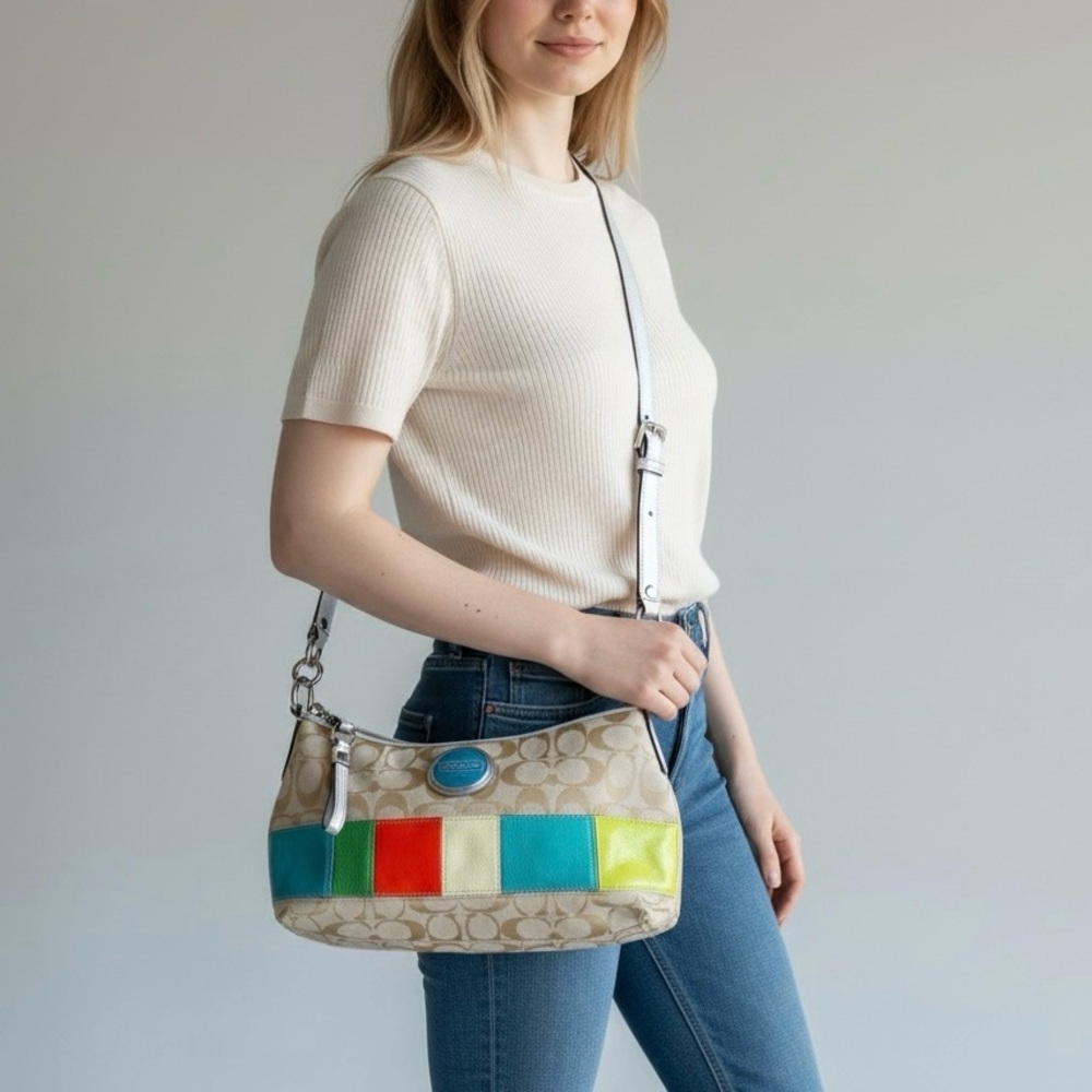 Coach Signature Patchwork Stripe Baguette Crossbody Bag Multi Color